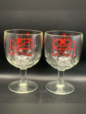 Pre Owned Budweiser Bud Beer Dimple Stemmed Chalice Glass Lot of 2 Classic Style